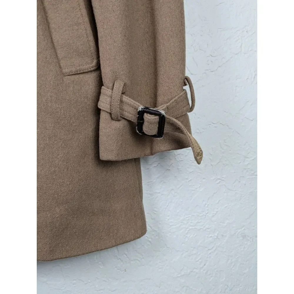 Y2K J Crew Wool OverCoat Womens Sz 4 Tan Camel Lined Winter‎ Jacket Hood Collar